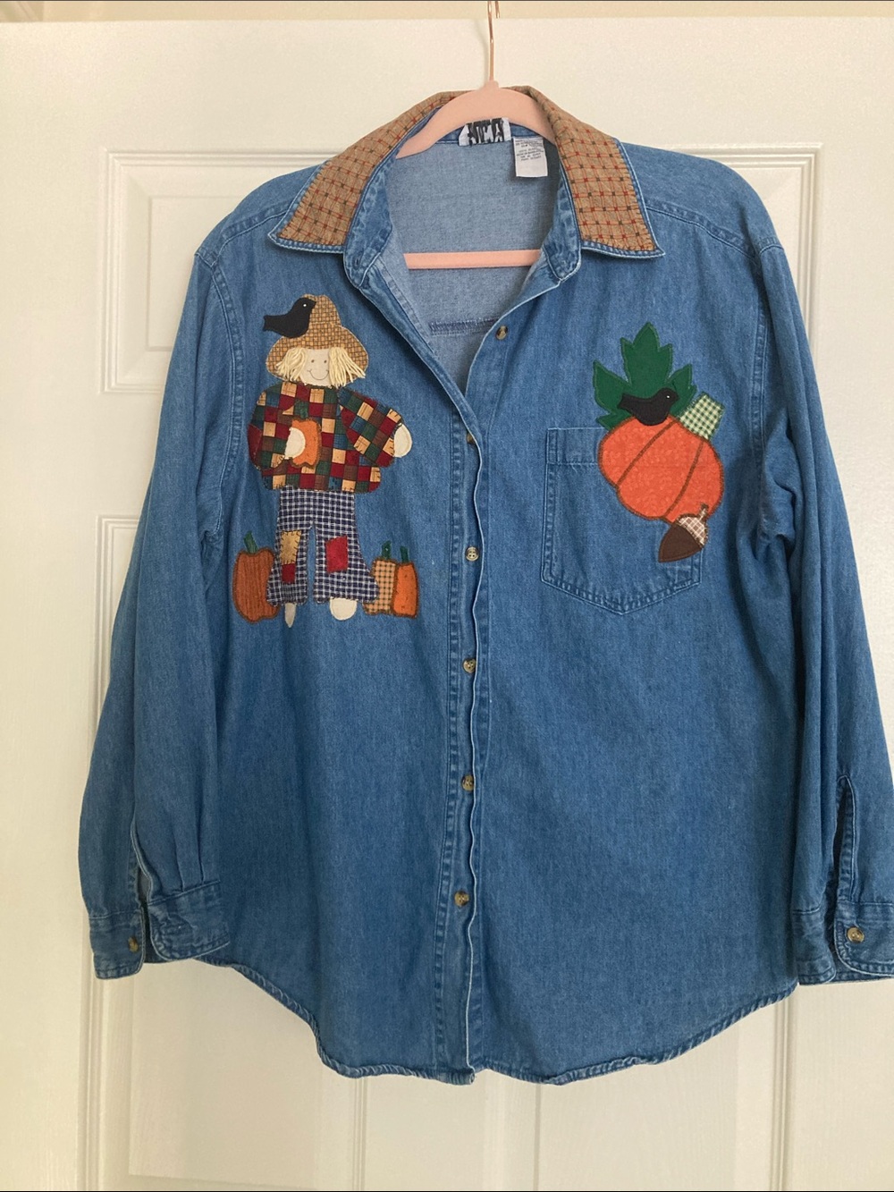 Vintage Denim Button Down Shirt with Fall Appliqué Scarecrow and Pumpkin Large
